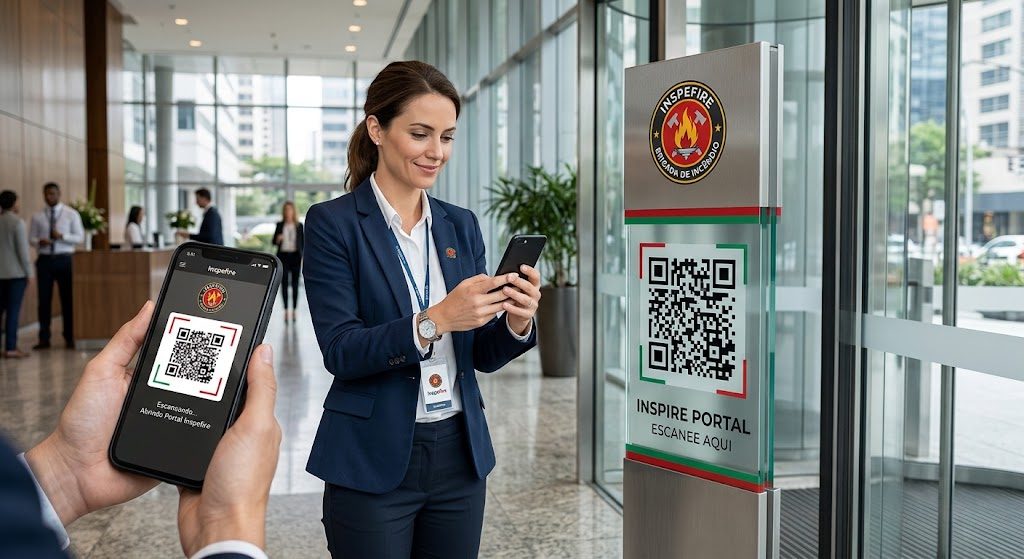 Centro de Comando Inspefire com dashboards em tempo real e brigadista consultando tablet