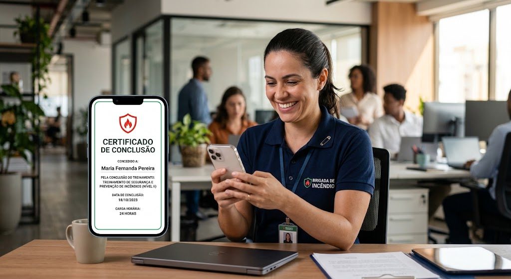 Brigadista visualizando certificado digital de conclusão de treinamento emitido pela Plataforma InLearn