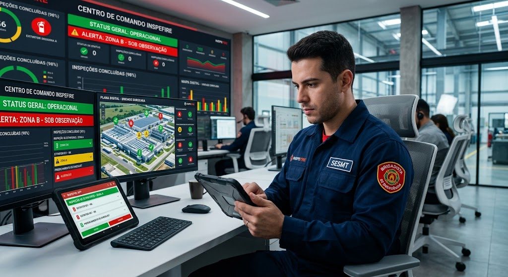 Colaboradora escaneando QR Code do Portal Inspefire da Brigada de Incêndio na recepção da empresa