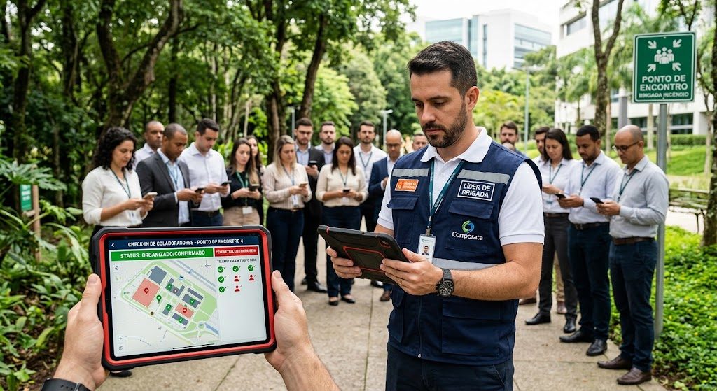 Líder de brigada realizando check-in virtual de colaboradores em ponto de encontro via tablet