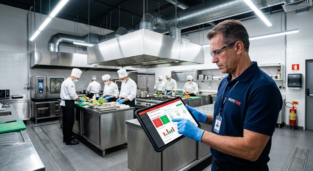 Inspetor Inspefire realizando inspeção digital em cozinha industrial com tablet, equipe de cozinha ao fundo