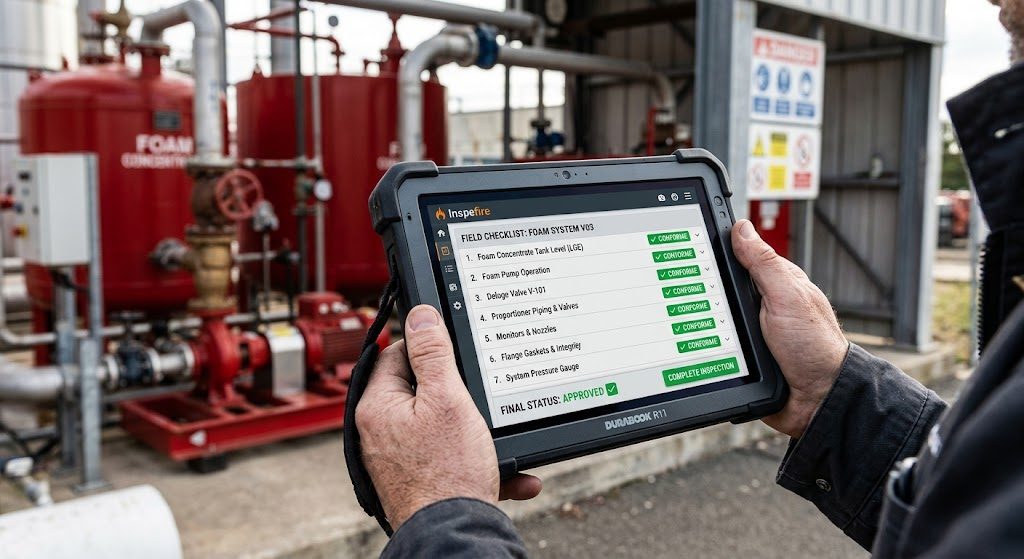 Tablet exibindo checklist de campo do sistema de espuma com itens marcados como conforme