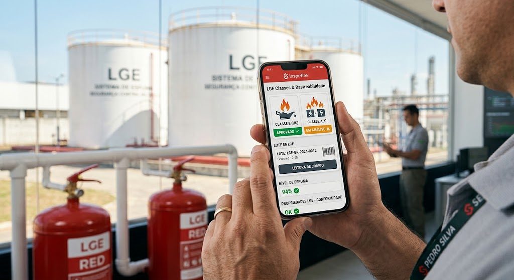 Aplicativo Inspefire exibindo tela de Classes e Rastreabilidade de LGE com leitura de código do lote