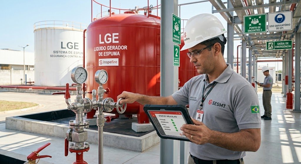 Inspetor validando status de válvulas de tanque LGE em tablet no campo