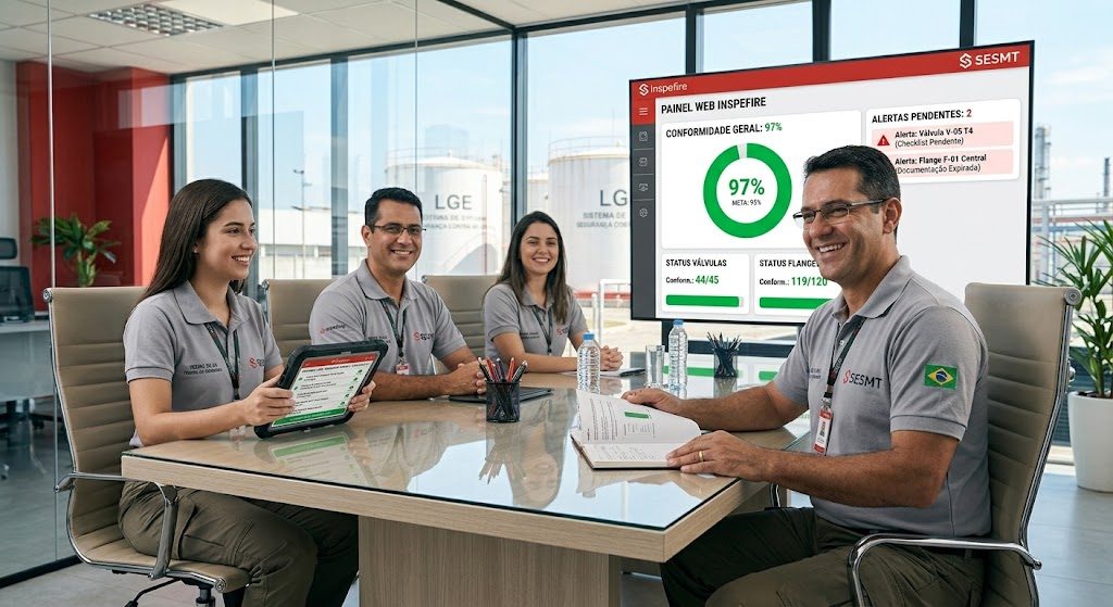 Equipe reunida analisando o Painel Web Inspefire com indicadores de conformidade geral e alertas pendentes