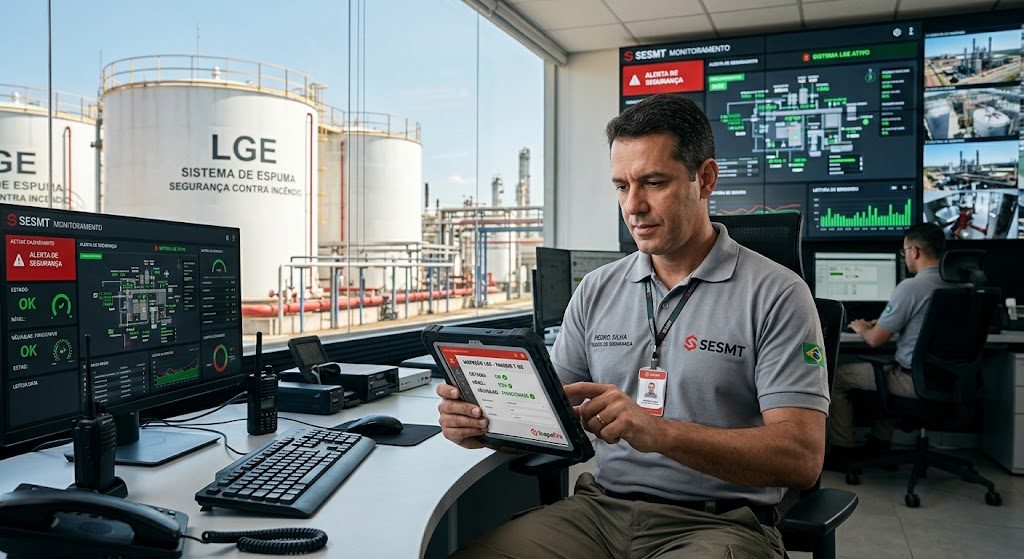 Técnico de segurança monitorando sistema de espuma LGE em tablet, com tanques de LGE ao fundo