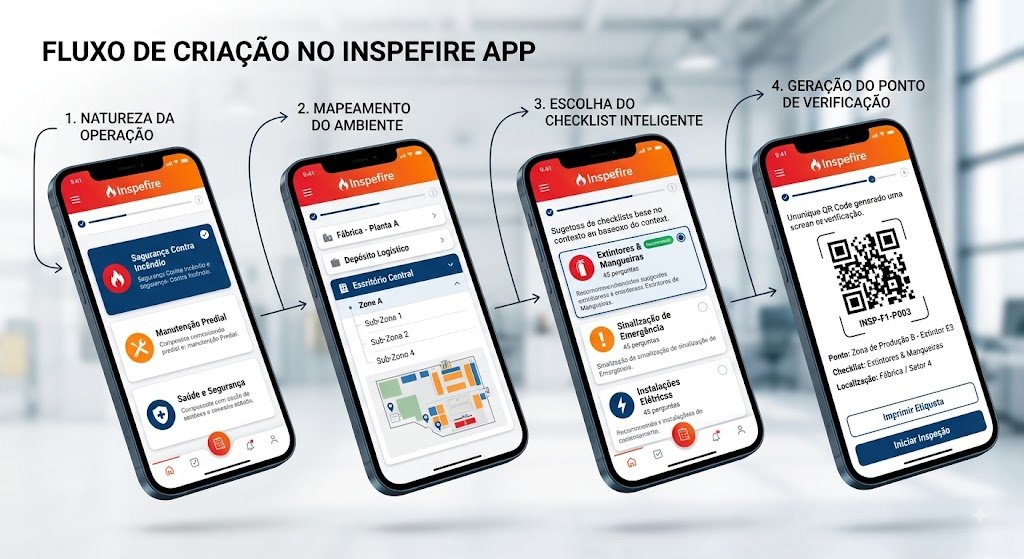 Fluxo de criação de uma rota de verificação no aplicativo Inspefire, em 4 passos