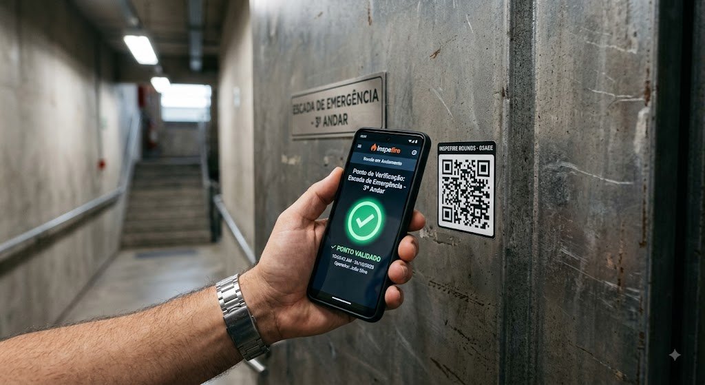 Validação pública via QR Code de uma rota de conferência do Inspefire em uma escada de emergência