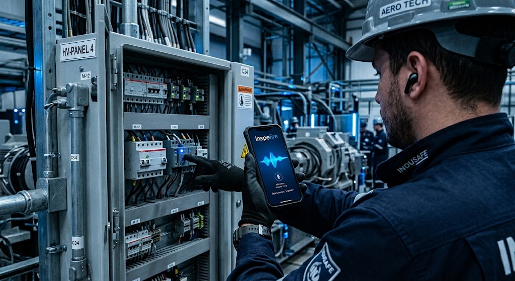 Inspetor em campo utilizando comando de voz para preencher checklist no aplicativo Inspefire